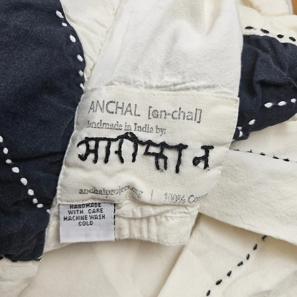 Anchal Project Duvet Cover Kantha Hand Stitched Geometric White Black Full Queen